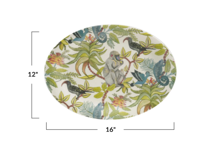 Creative Co-OP Oval Printed Stoneware Platter w/ Rainforest Botanicals