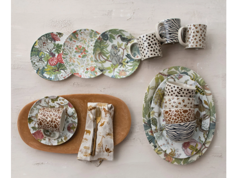 Creative Co-OP Oval Printed Stoneware Platter w/ Rainforest Botanicals