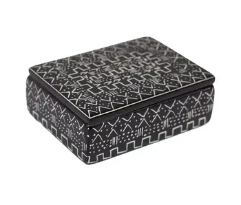 Soapstone Carved Box, Black Tribal Etching