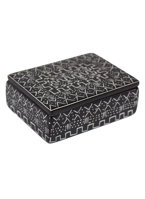 Soapstone Carved Box, Black Tribal Etching