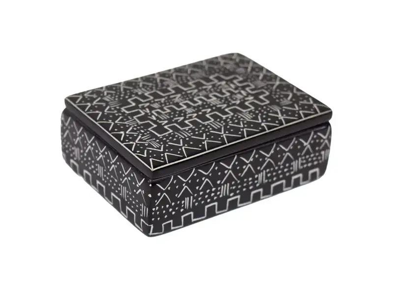 Global Crafts Soapstone Carved Box, Black Tribal Etching