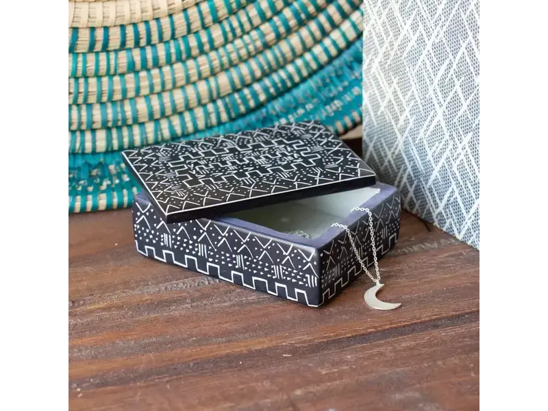 Global Crafts Soapstone Carved Box, Black Tribal Etching