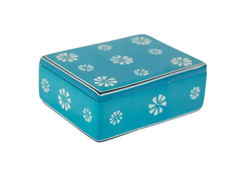 Global Crafts Soapstone Carved Box, Turquoise Tribal Etching