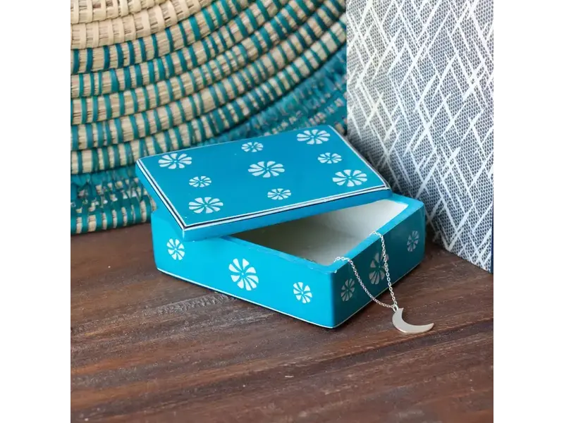 Global Crafts Soapstone Carved Box, Turquoise Tribal Etching
