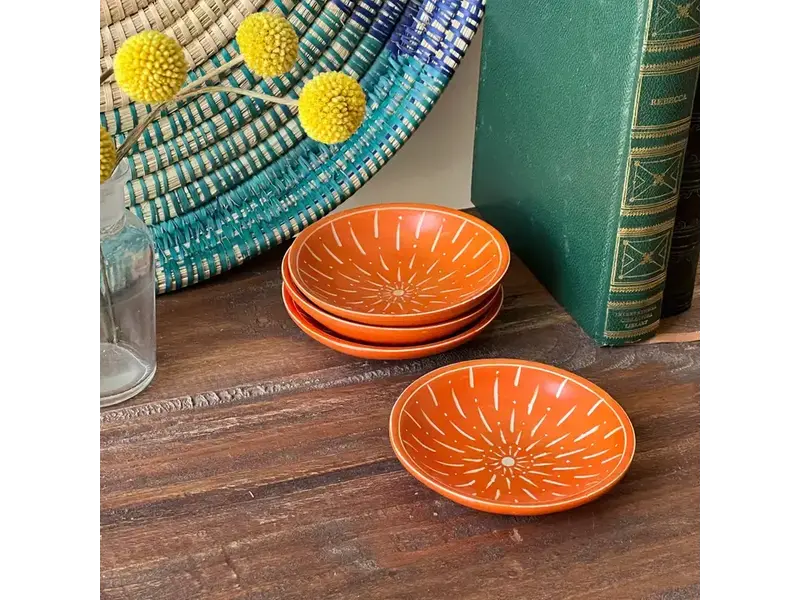 Global Crafts Painted Soapstone Carved Dish, Orange Etching