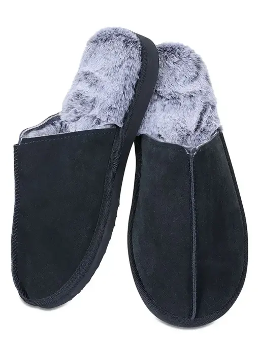 True Suede Men's Plush Slippers Black - Large (11-12)