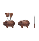 Creative Co-OP Sapele Wood Pig Shaped Holder w/ 6 Appetizer Forks, Set of 7