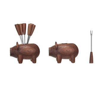 Sapele Wood Pig Shaped Holder w/ 6 Appetizer Forks, Set of 7