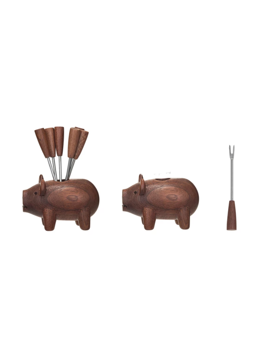 Sapele Wood Pig Shaped Holder w/ 6 Appetizer Forks, Set of 7