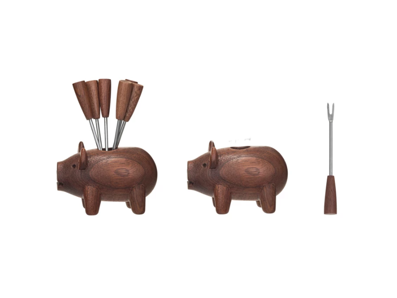Creative Co-OP Sapele Wood Pig Shaped Holder w/ 6 Appetizer Forks, Set of 7