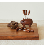 Creative Co-OP Sapele Wood Pig Shaped Holder w/ 6 Appetizer Forks, Set of 7