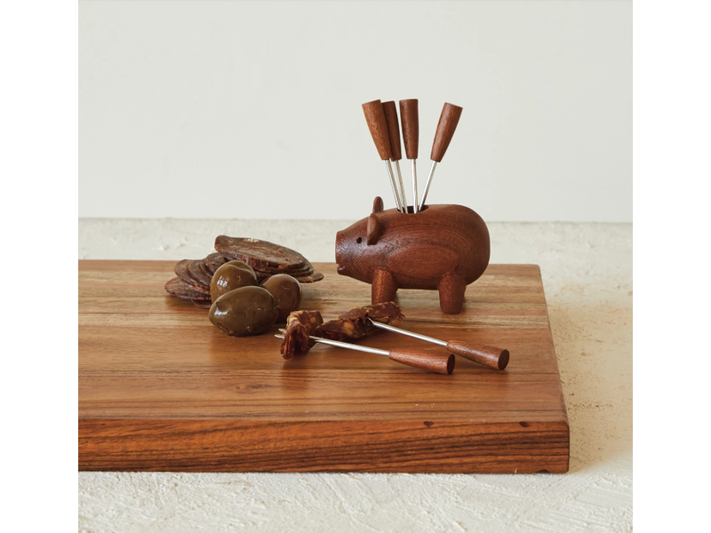 Creative Co-OP Sapele Wood Pig Shaped Holder w/ 6 Appetizer Forks, Set of 7