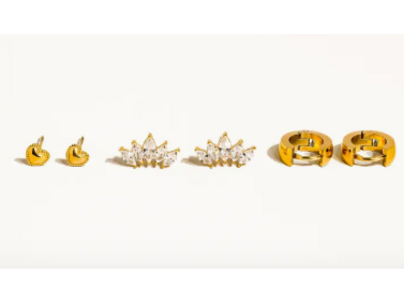 MAIQ Accessories Anouk 18K Gold Non-Tarnish Hearts, Hoops &Cz Earring - Set of 3
