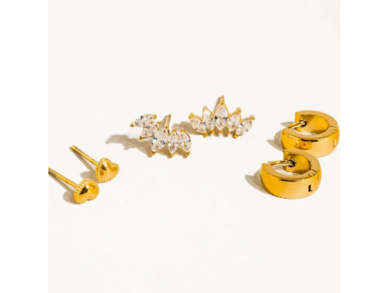 MAIQ Accessories Anouk 18K Gold Non-Tarnish Hearts, Hoops &Cz Earring - Set of 3