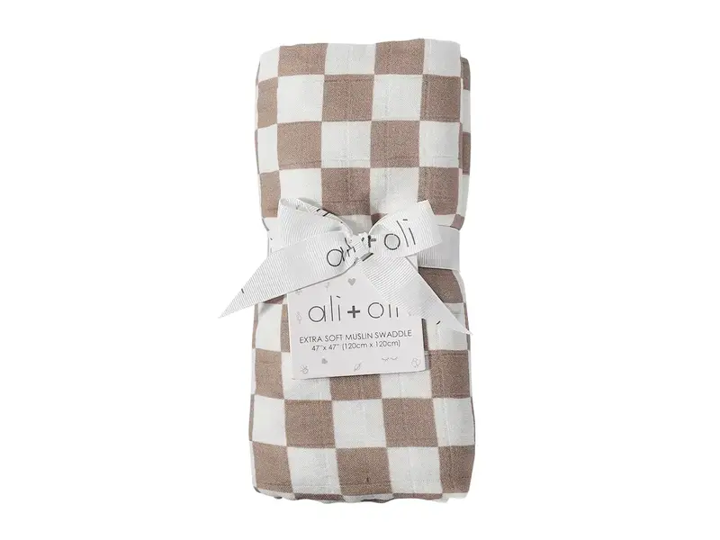 Ali + Oli Bamboo Muslin Swaddle Blanket (Mocha Checkers)