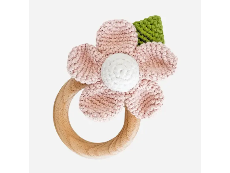 The Blueberry Hill Teether Flower Pink Cotton Crochet Rattle Baby Toy