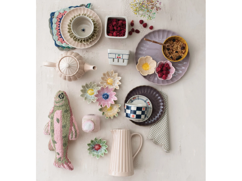 Creative Co-OP Stoneware Ribbed Pitcher, Reactive Glaze, Cream Color 40 oz.