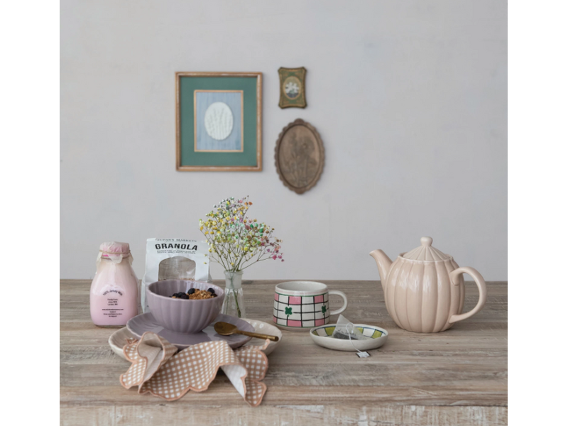 Creative Co-OP Stoneware Ribbed Teapot, Reactive Glaze, Cream Color  34 ozl