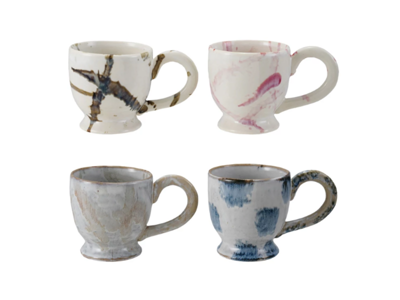 Creative Co-OP Stoneware Footed Mug w/ Splatter, Reactive Glaze, 4 Assorted Styles, 14 oz.