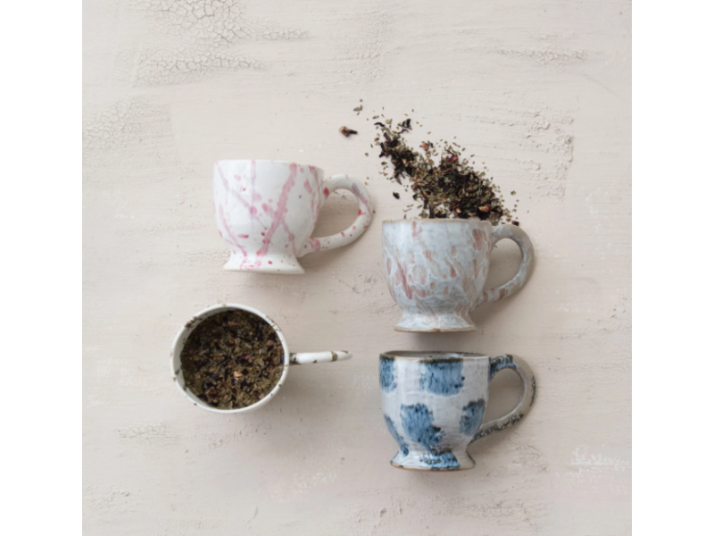 Creative Co-OP Stoneware Footed Mug w/ Splatter, Reactive Glaze, 4 Assorted Styles, 14 oz.