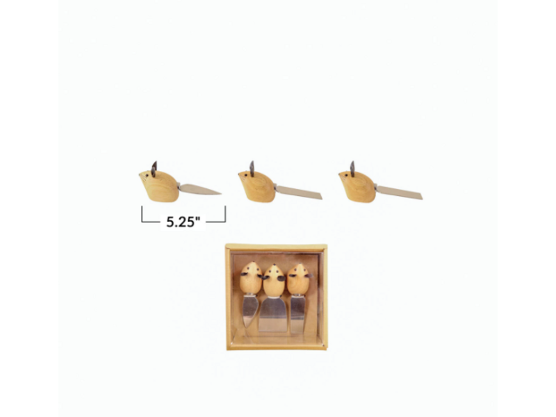 Creative Co-OP Stainless Steel Cheese Knives w/ Mouse Shaped Handles & Faux Leather Ears, Boxed Set of 3