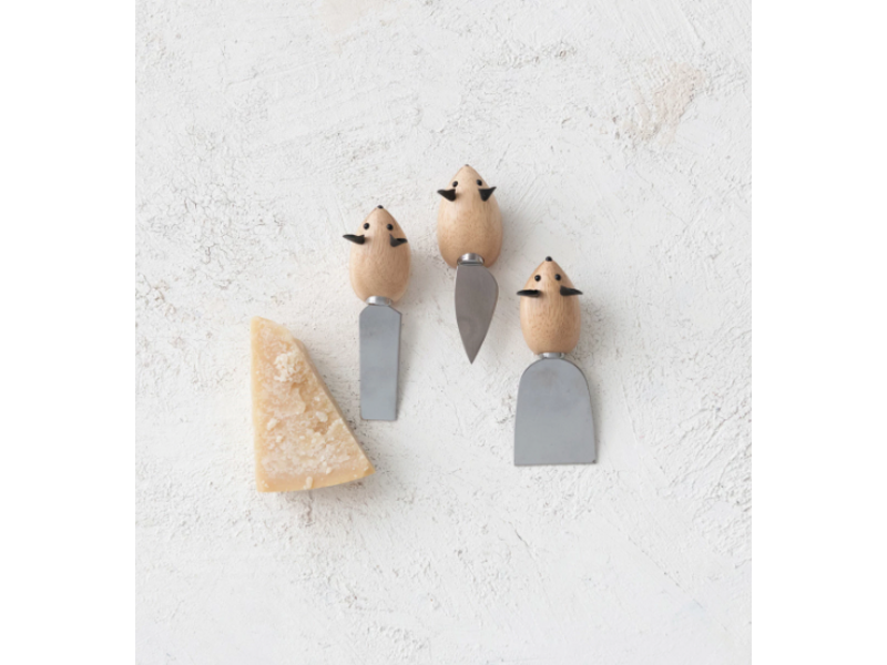 Creative Co-OP Stainless Steel Cheese Knives w/ Mouse Shaped Handles & Faux Leather Ears, Boxed Set of 3