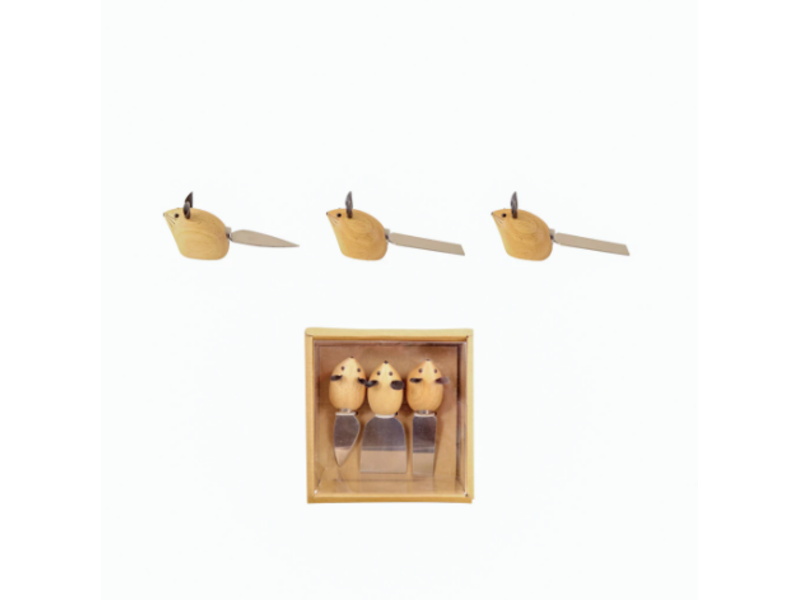 Creative Co-OP Stainless Steel Cheese Knives w/ Mouse Shaped Handles & Faux Leather Ears, Boxed Set of 3