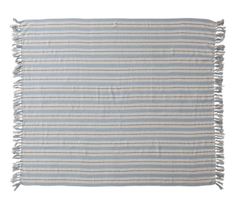 Woven Recycled Cotton Blend Striped Throw w/ Fringe, 60"x50"