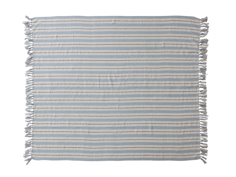 Creative Co-OP Woven Recycled Cotton Blend Striped Throw w/ Fringe, 60"x50"
