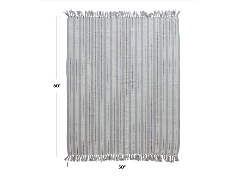 Creative Co-OP Woven Recycled Cotton Blend Striped Throw w/ Fringe, 60"x50"