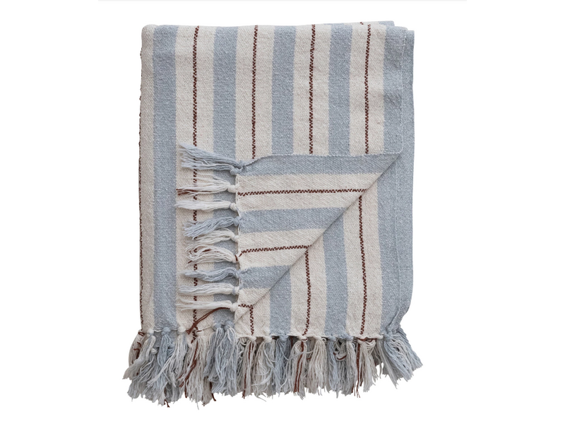 Creative Co-OP Woven Recycled Cotton Blend Striped Throw w/ Fringe, 60"x50"