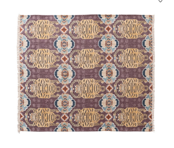 Cotton Slub Printed Throw w/ Tibetan Tigers Pattern & Fringe