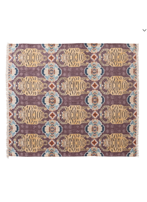 Cotton Slub Printed Throw w/ Tibetan Tigers Pattern & Fringe