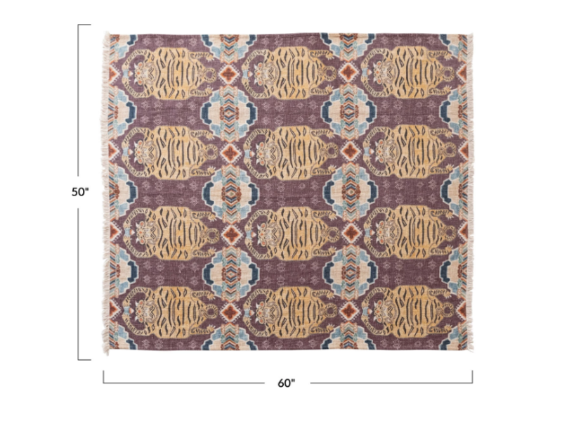 Creative Co-OP Cotton Slub Printed Throw w/ Tibetan Tigers Pattern & Fringe