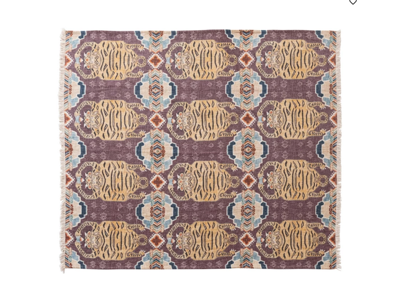 Creative Co-OP Cotton Slub Printed Throw w/ Tibetan Tigers Pattern & Fringe