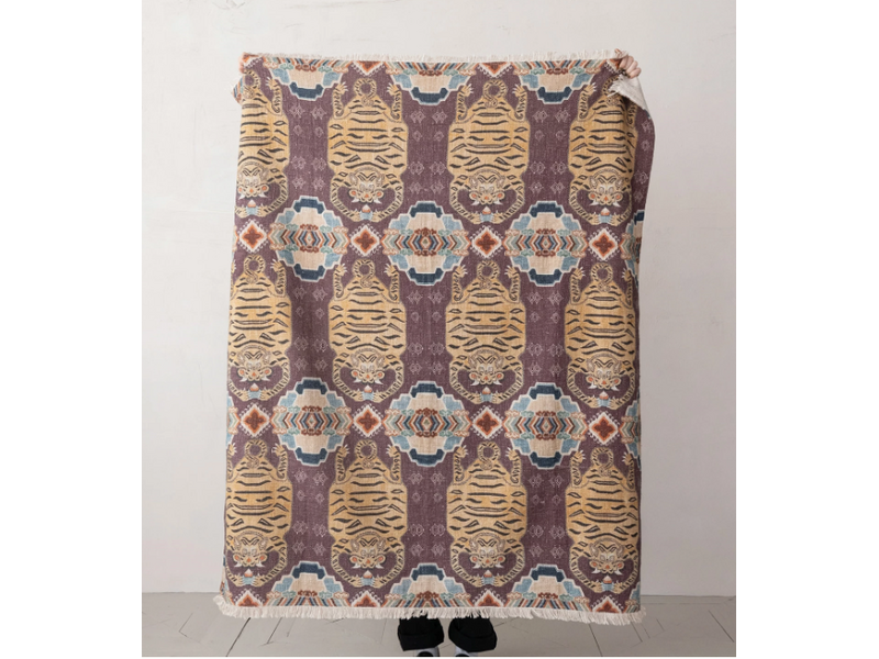 Creative Co-OP Cotton Slub Printed Throw w/ Tibetan Tigers Pattern & Fringe