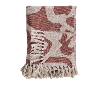 Woven Recycled Cotton Blend Jacquard Throw w/ Abstract Pattern & Fringe, Natural & Brown