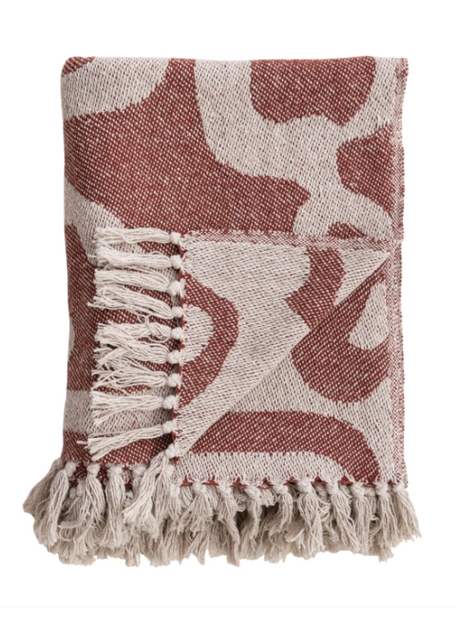 Woven Recycled Cotton Blend Jacquard Throw w/ Abstract Pattern & Fringe, Natural & Brown