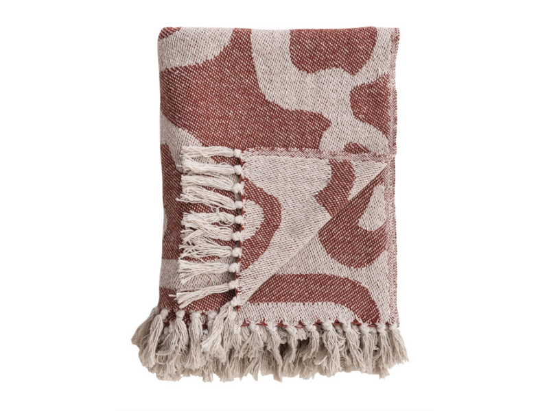 Creative Co-OP Woven Recycled Cotton Blend Jacquard Throw w/ Abstract Pattern & Fringe, Natural & Brown