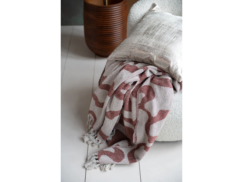 Creative Co-OP Woven Recycled Cotton Blend Jacquard Throw w/ Abstract Pattern & Fringe, Natural & Brown