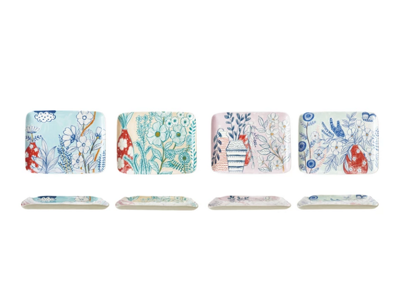 Creative Co-OP Stoneware Plate w/ Flowers, 4 Assorted Styles