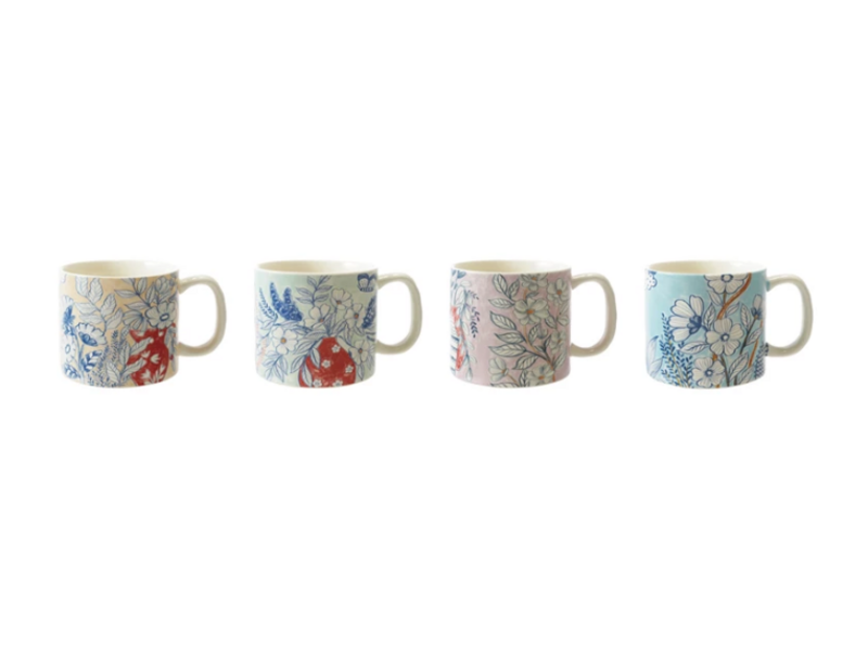 Creative Co-OP Stoneware Mug w/ Flowers, 4 Assorted Styles, 14 oz.