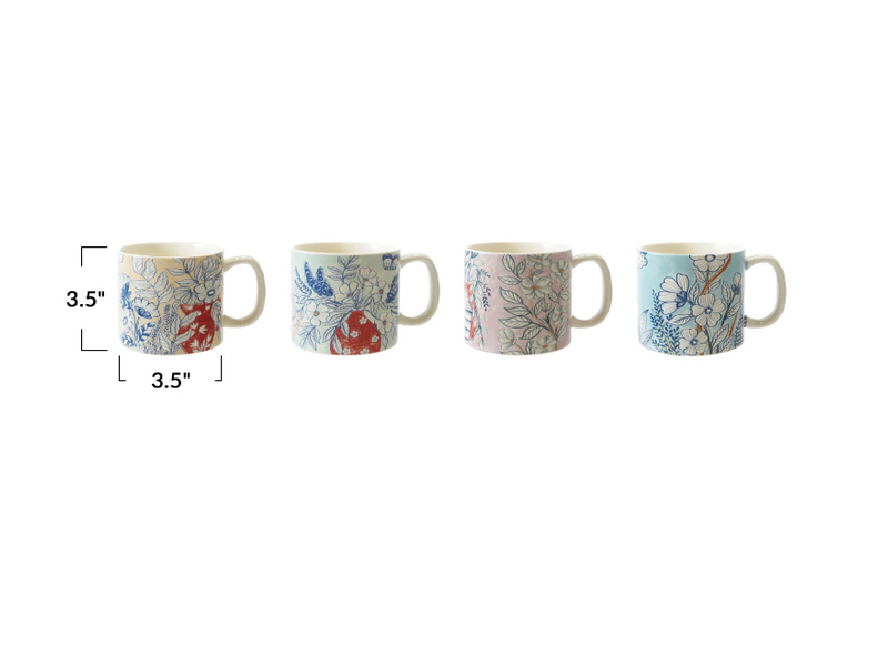 Creative Co-OP Stoneware Mug w/ Flowers, 4 Assorted Styles, 14 oz.