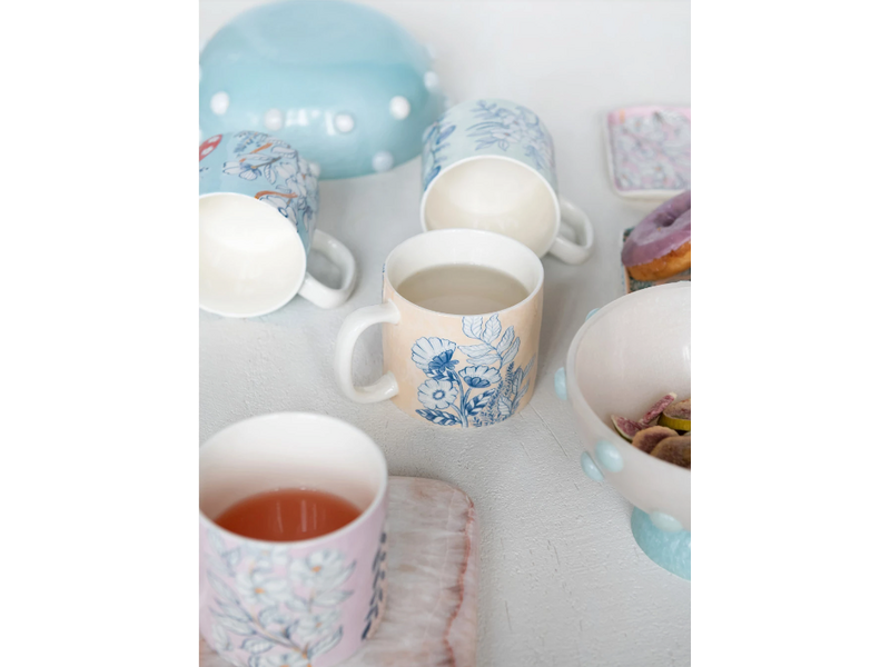 Creative Co-OP Stoneware Mug w/ Flowers, 4 Assorted Styles, 14 oz.