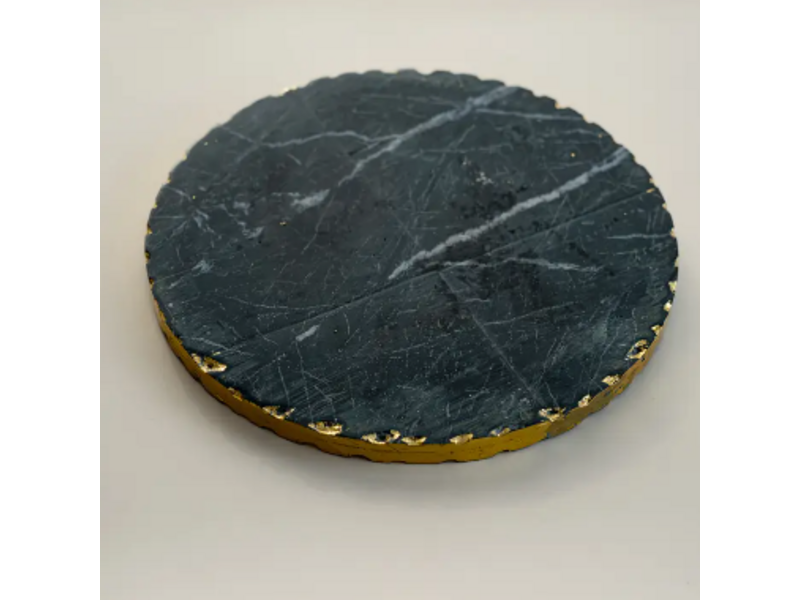 India Handicraft Exporter Round Black Marble Tray w/ Gold Edge