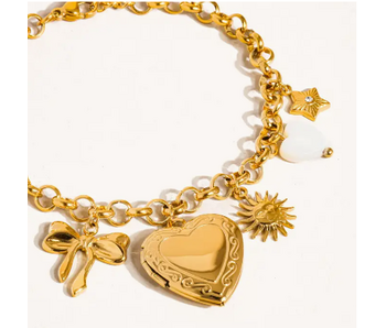 Eydn 18K Non-Tarnish Heart Locket Charm Bracelet