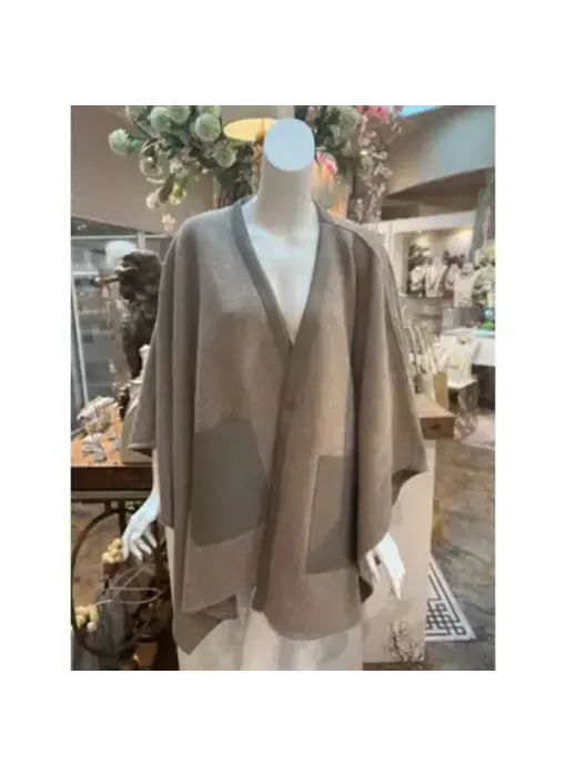 Faux Leather Edge/Front Pocket Cape - Khaki