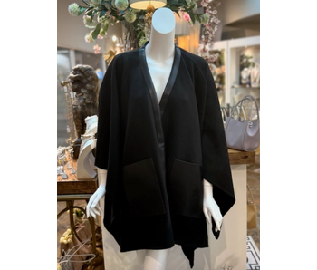 Faux Leather Edge/Front Pocket Cape - Black