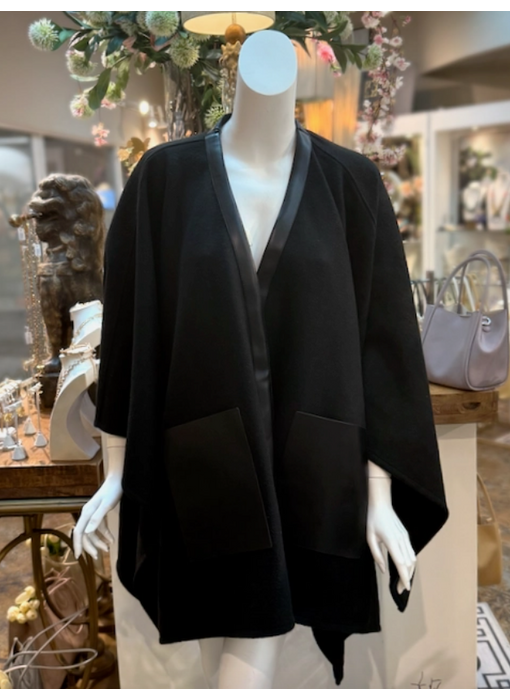 Faux Leather Edge/Front Pocket Cape - Black
