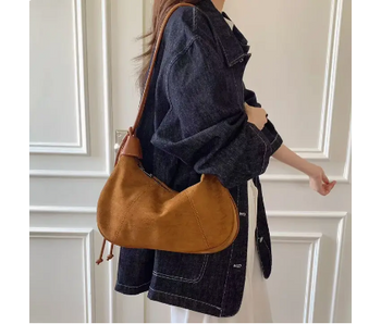 Suede-Like Microfiber Leather Shoulder/Crossbody Bag - Tan